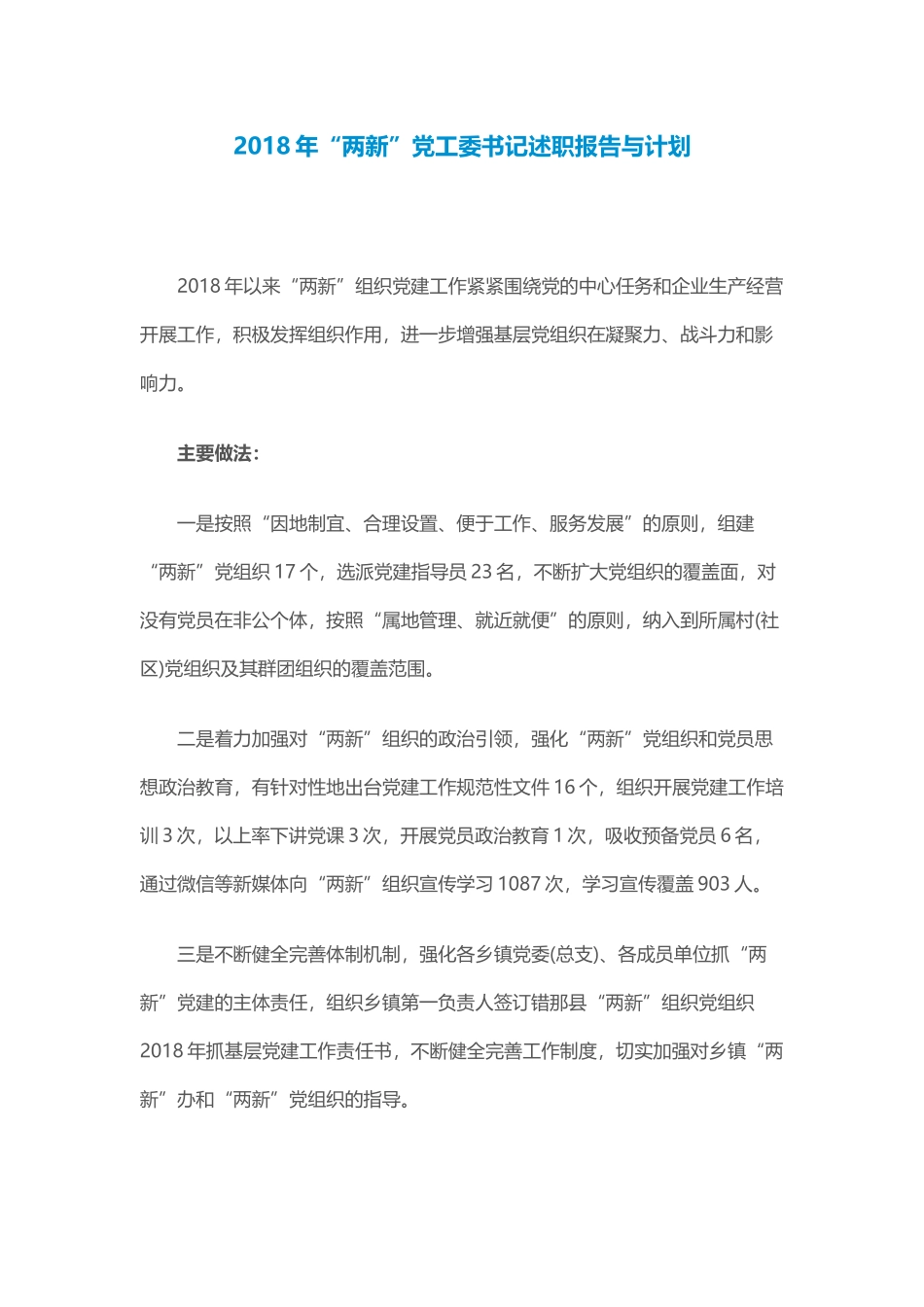 22018年“两新”党工委书记述职报告与计划.docx_第1页