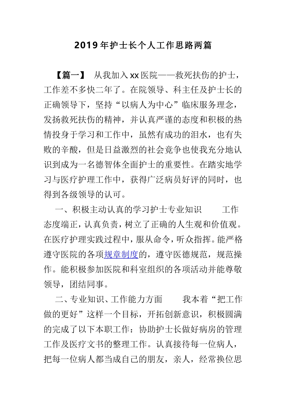 2019年护士长个人工作思路两篇.doc_第1页
