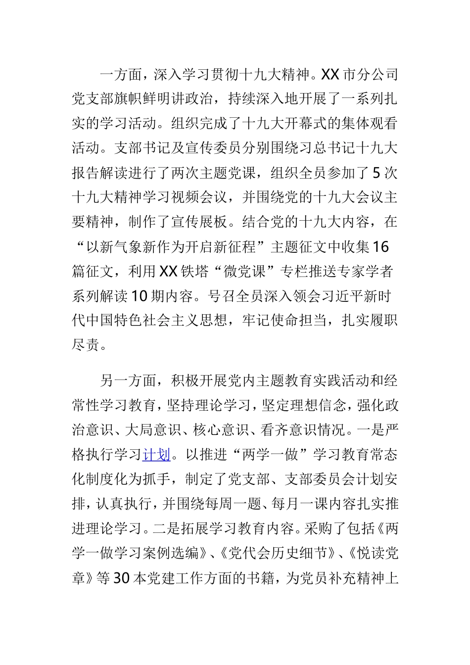 XX市分公司党支部党建工作述职报告与2019年党建工作述职报告(公司)范文两篇.doc_第2页