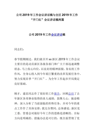 公司2019年工作会议讲话稿与全区2019年工作.doc