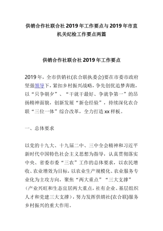 供销合作社联合社2019年工作要点与2019年市直机关纪检工作要点两篇.doc