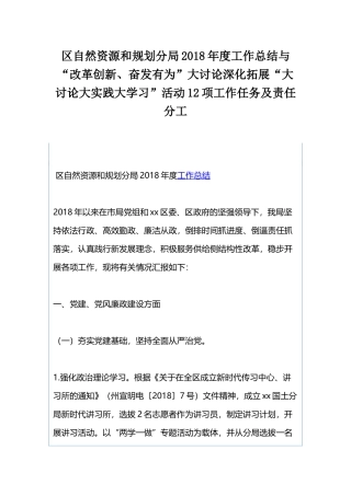 区自然资源和规划分局2018年度工作总结与“改革创新、奋发有为”大讨论深化拓展“大讨论大实践大学习”活动12项工作任务及责任分工.docx