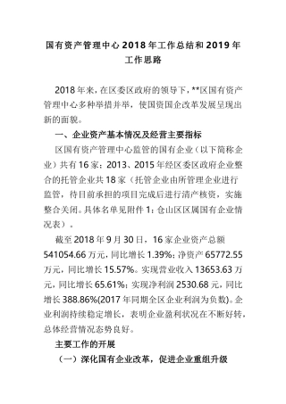 国有资产管理中心202×年工作总结和2019年工作思路.doc