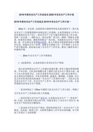 2019年度安全生产工作总结及2020年安全生产工作计划.doc
