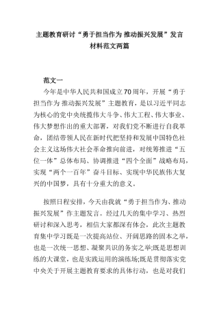 主题教育研讨“勇于担当作为 推动振兴发展”发言材料范文两篇.doc
