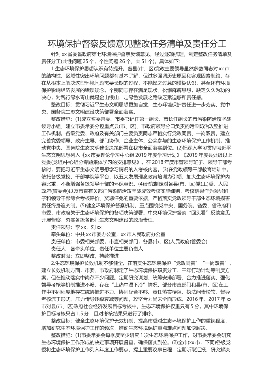 环境保护督察反馈意见整改任务清单及责任分工.docx_第1页