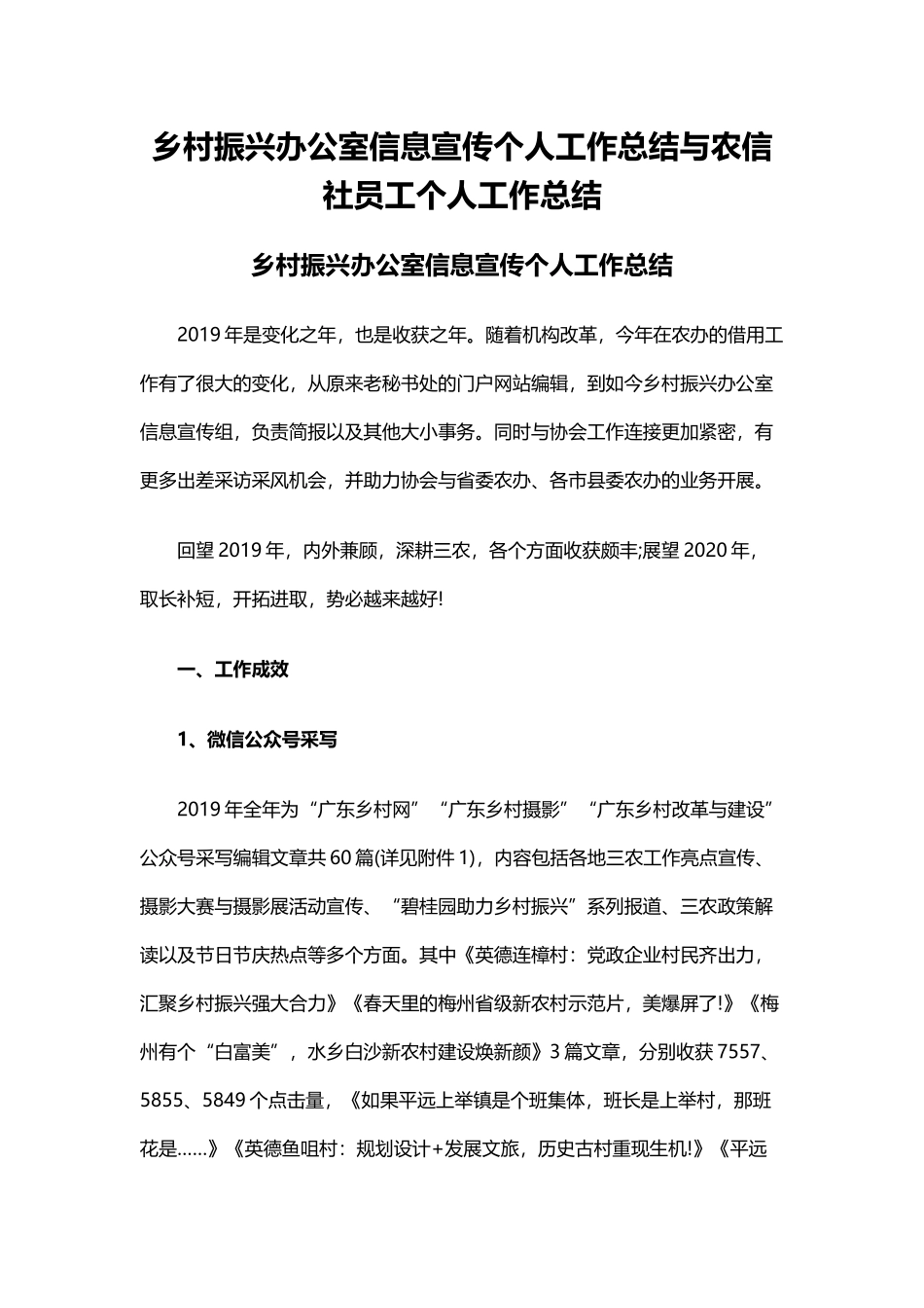 乡村振兴办公室信息宣传个人工作总结与农信社员工个人工作总结.docx_第1页