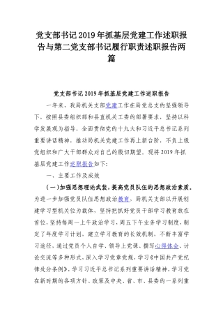 党支部书记2019年抓基层党建工作述职报告与第二党支部书记履行职责述职报告两篇.doc