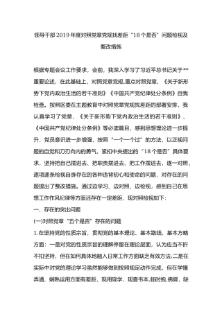 领导干部2019年度对照党章党规找差距“18个是否”问题检视及整改措施.docx