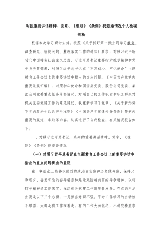 对照重要讲话精神、党章、《准则》《条例》找差距情况个人检视剖析.docx