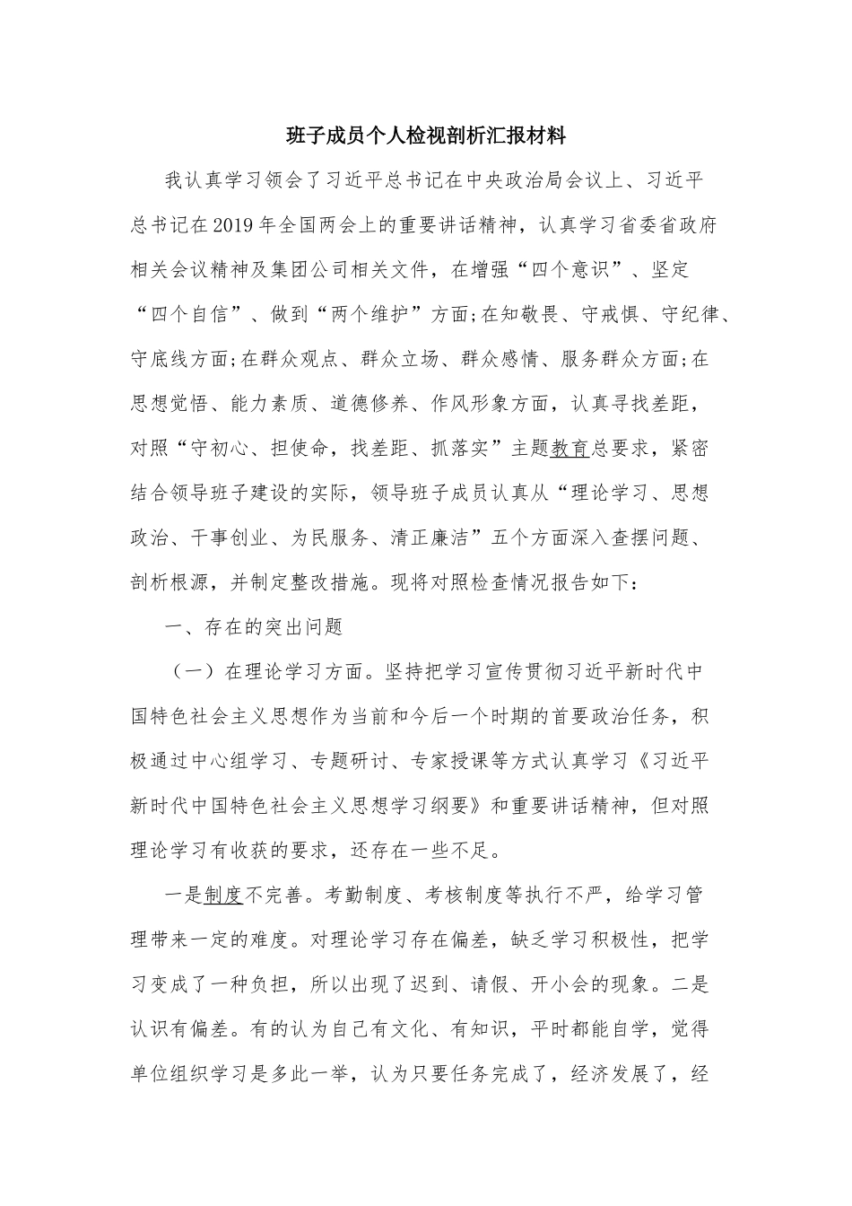 班子成员个人检视剖析汇报材料.docx_第1页