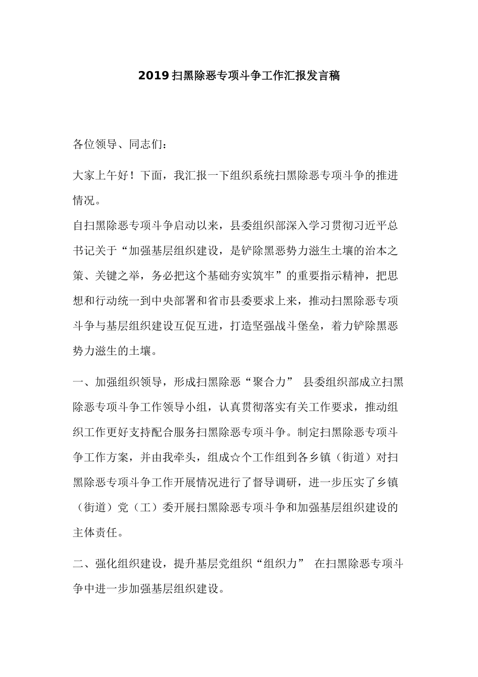 2019扫黑除恶专项斗争工作汇报发言稿.docx_第1页