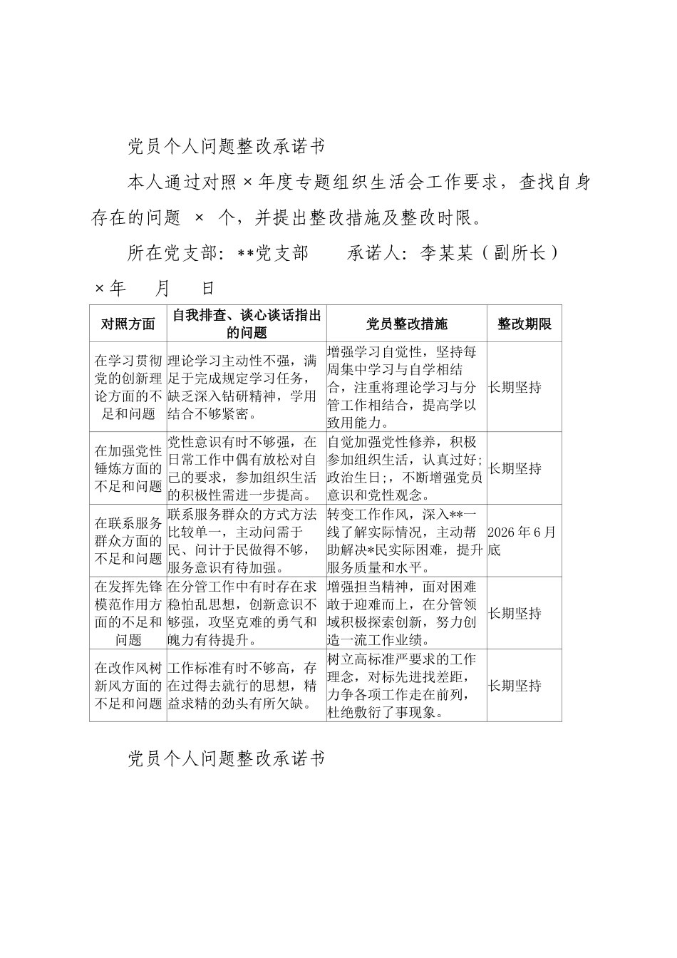 ×年组织生活会党员个人问题整改承诺书汇编.docx_第2页