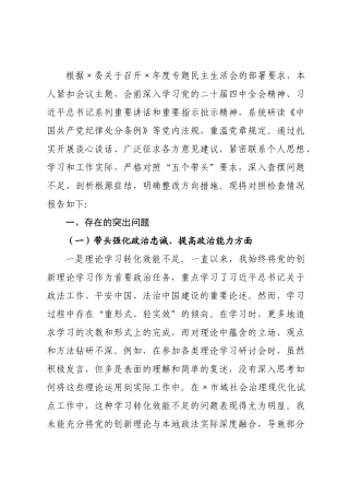 政书记2026年度专题民主生活会个人对照检查材料.docx