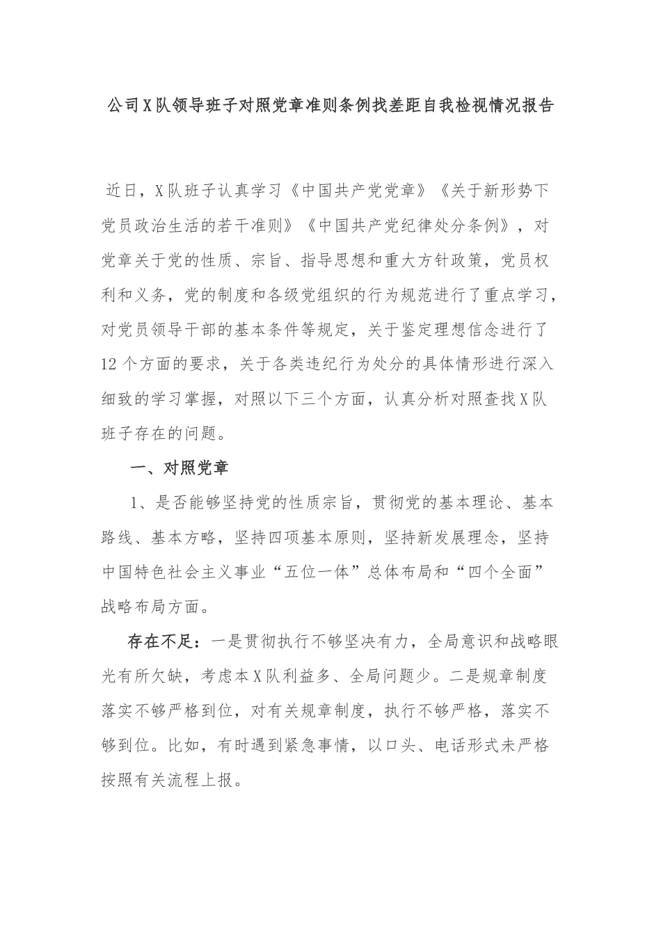 公司X队领导班子对照党章准则条例找差距自我检视情况报告.docx_第1页