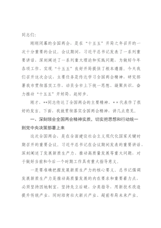 在市传达学习全国两会精神会议上的讲话.docx