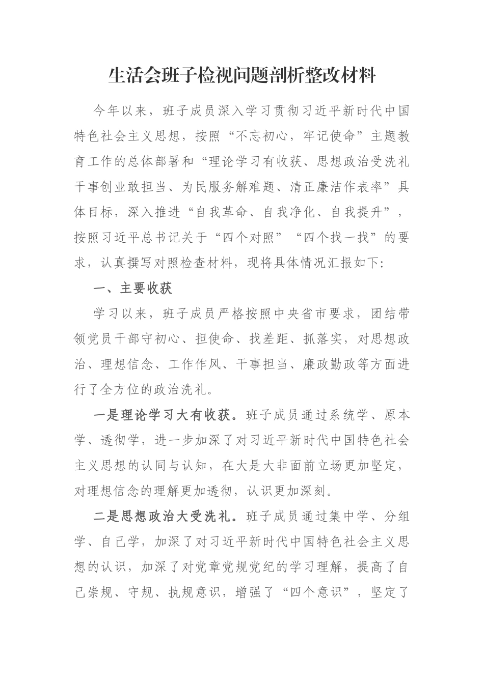 生活会班子检视问题剖析整改材料.docx_第1页