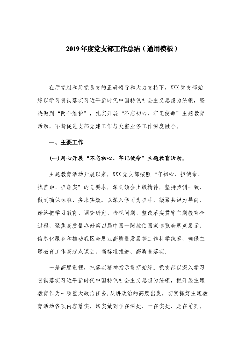 2019年度党支部工作总结（通用模板）.docx_第1页