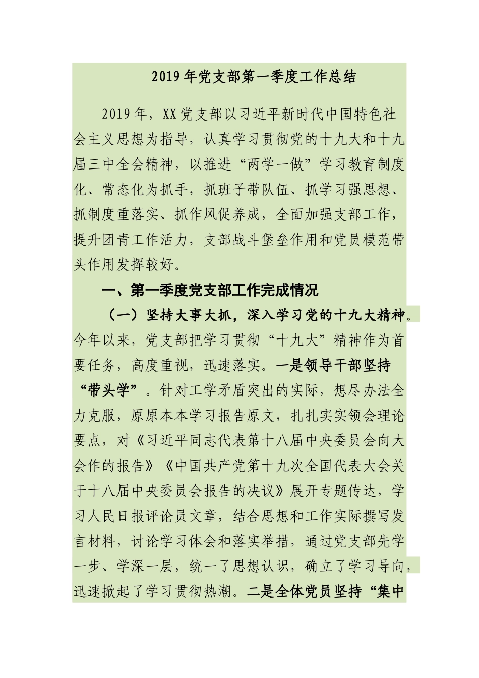 2019年党支部第一季度工作总结_第1页