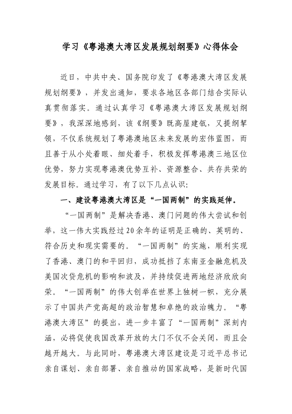 党员领导干部学习《粤港澳大湾区发展规划纲要》心得体会研讨发言_第1页