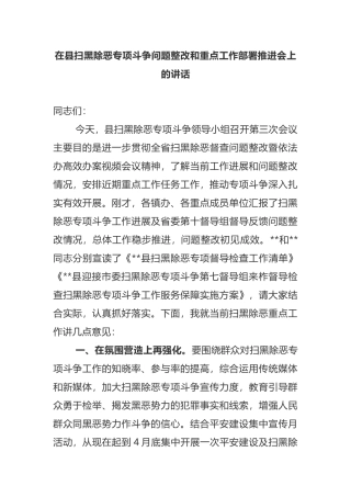 2019年在县扫黑除恶专项斗争问题整改和重点工作部署推进会上的讲话