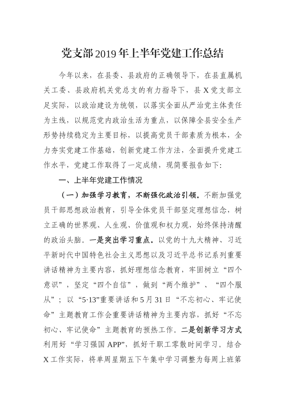 党支部2019年上半年党建工作总结.docx_第1页