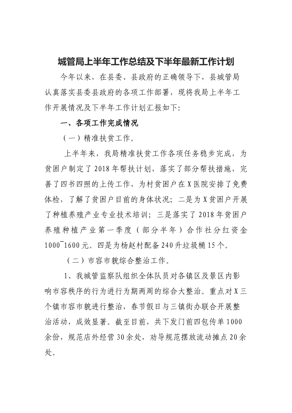 城管局上半年工作总结及下半年最新工作计划.docx_第1页