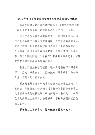 2019年学习贯彻全国两会精神座谈会发言稿心得体会.docx