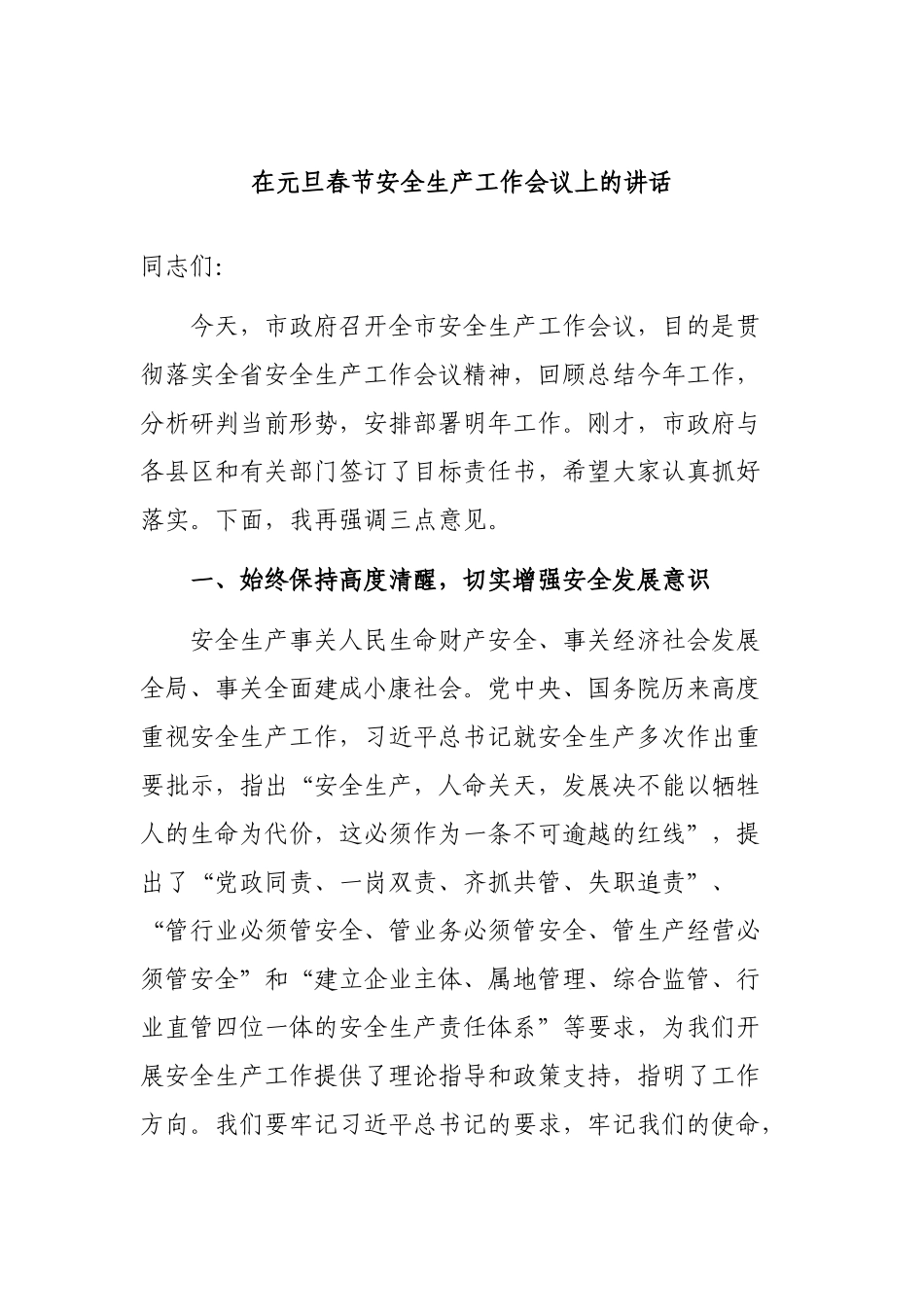 在元旦春节安全生产工作会议上的讲话.docx_第1页