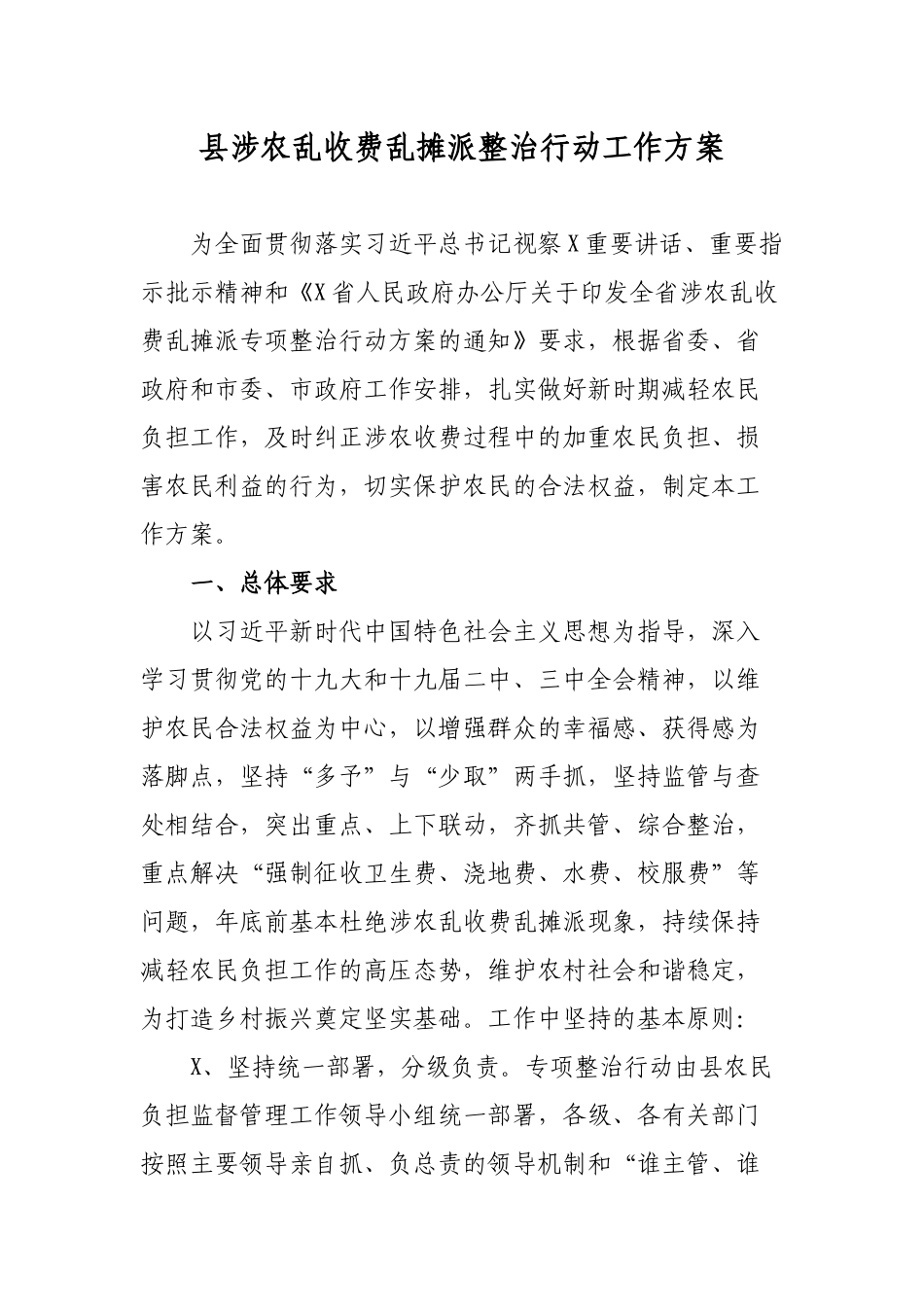 县涉农乱收费乱摊派整治行动工作方案.docx_第1页