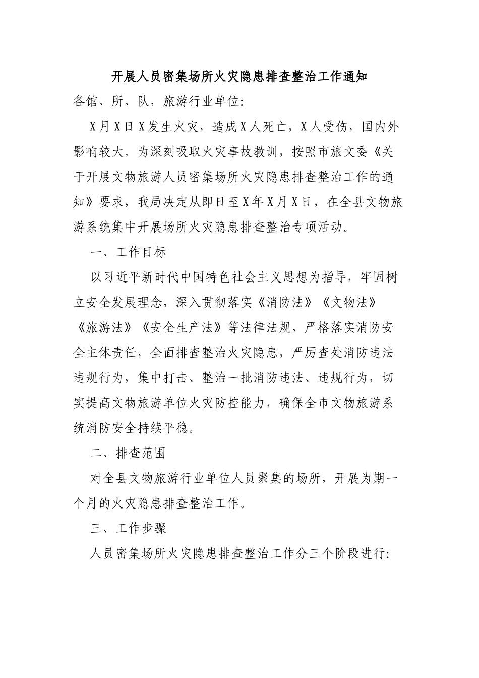 开展人员密集场所火灾隐患排查整治工作通知.docx_第1页