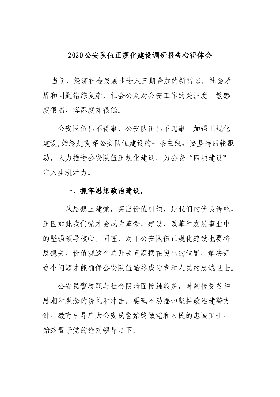 2020公安队伍正规化建设调研报告心得体会.docx_第1页