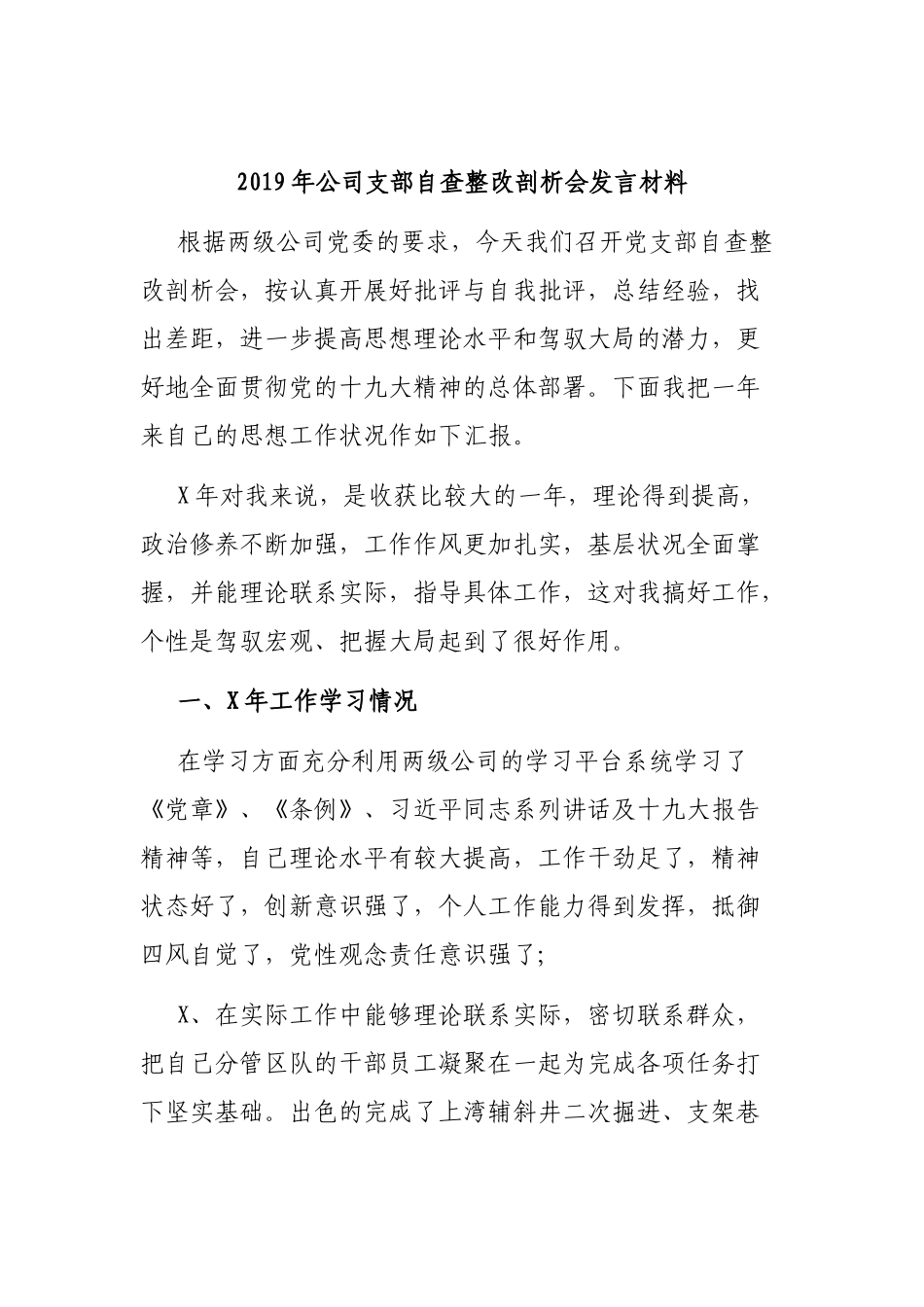 2019年公司支部自查整改剖析会发言材料.docx_第1页