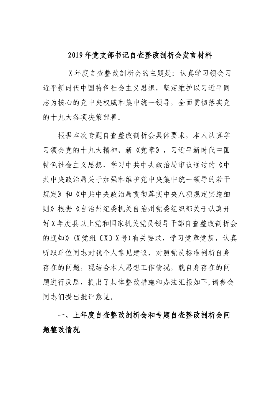 2019年党支部书记自查整改剖析会发言材料.docx_第1页