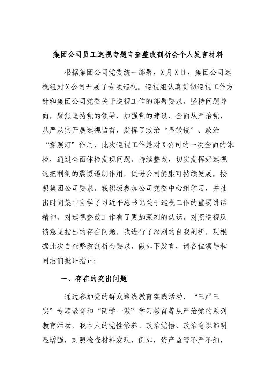 集团公司员工巡视专题自查整改剖析会个人发言材料.docx_第1页