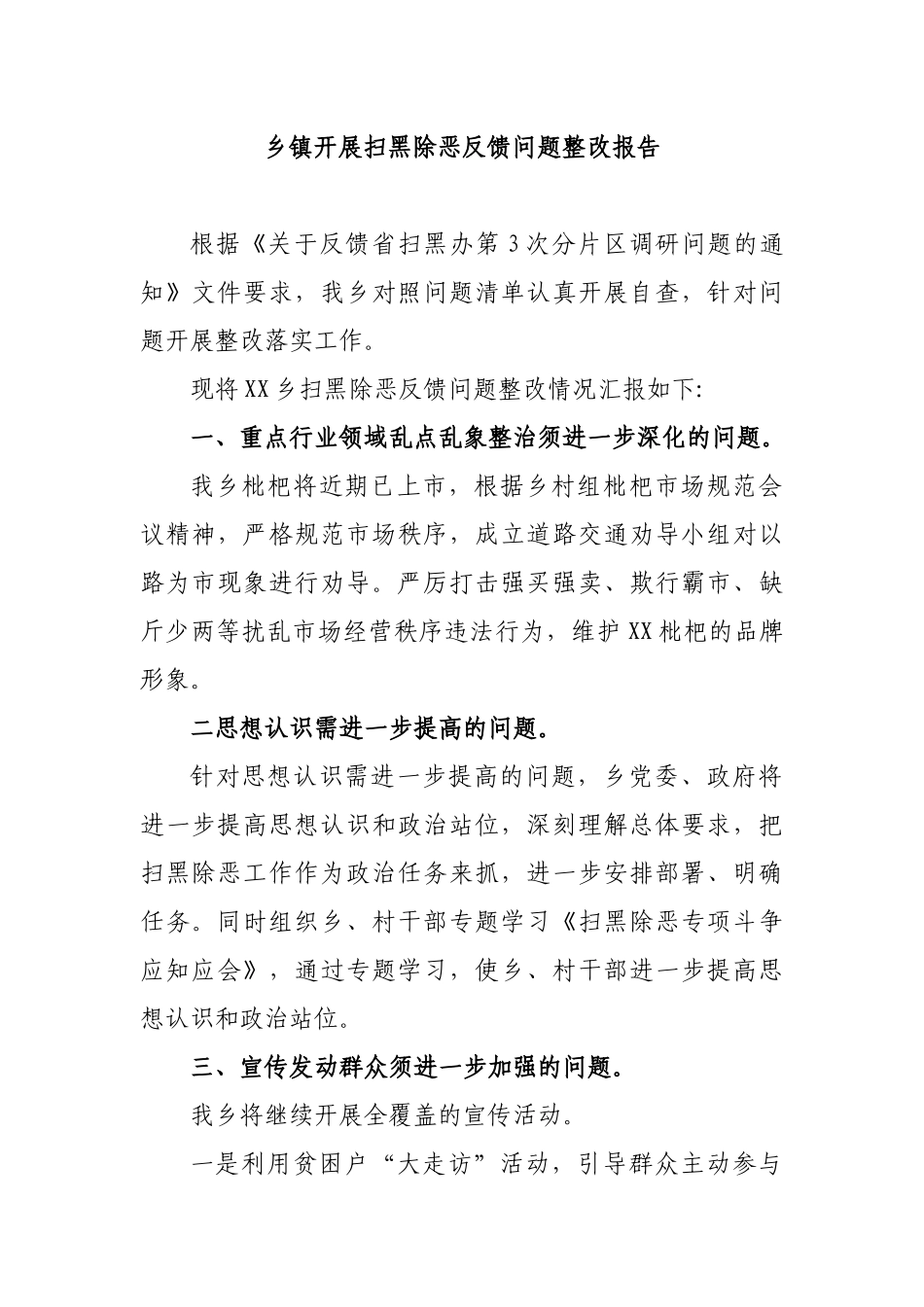 乡镇开展扫黑除恶反馈问题整改报告.docx_第1页