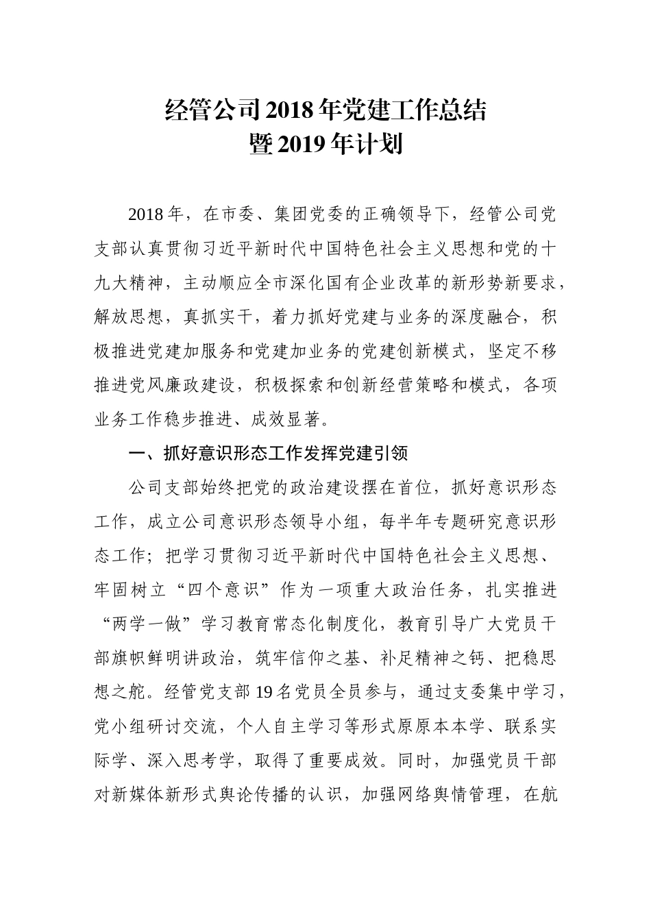 经管公司202×年党建工作总结暨2019年计划（改1）.docx_第1页
