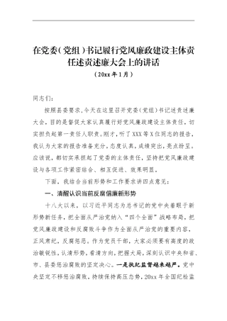 在党委（党组）书记履行党风廉政建设主体责任述责述廉大会上的讲话.doc