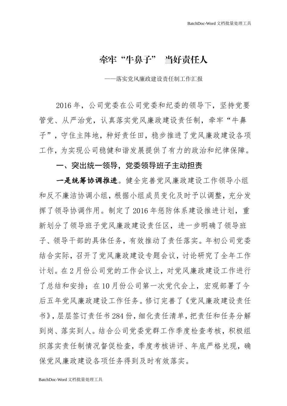 牵牢“牛鼻子，当好责任人—公司落实党风廉政建设责任制工作汇报.doc_第1页
