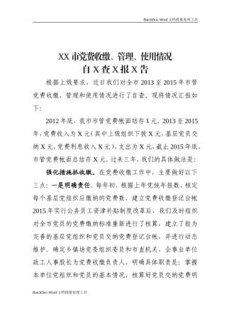 XX市党费收缴、管理、使用情况自查报告.doc