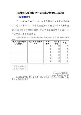 1－4 拟推荐入党积极分子征求意见情况汇总说明