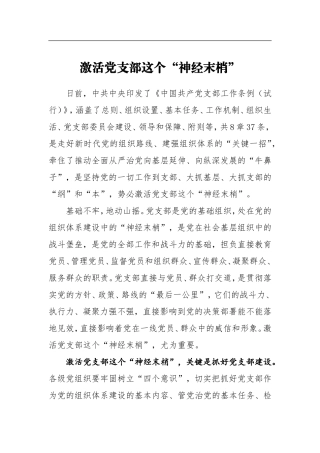 《中国共产党支部工作条例（试行）》学习心得：激活党支部这个“神经末梢”
