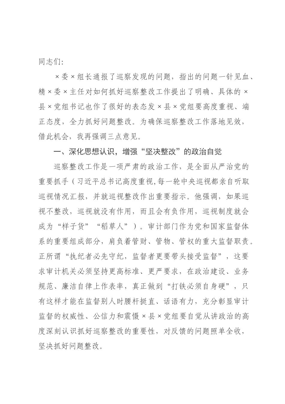 副×长在×巡审××情况反馈会上的讲话提纲.docx_第1页