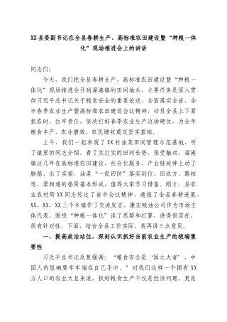 XX副书记在全XX春耕生产、高标准农田建设暨“种粮一体化”现场推进会上的讲话.docx