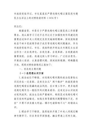 XX政府党组书记、XX长某某在严禁违规吃喝以案促改专题民主生活会上的对照检查材料（3456字）.docx