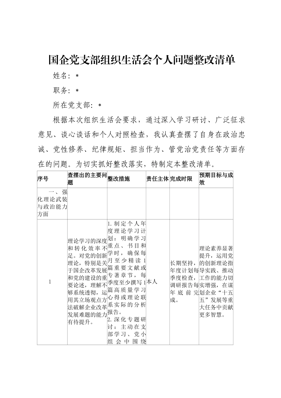 国企×××组织生活会个人问题整改清单.docx_第1页