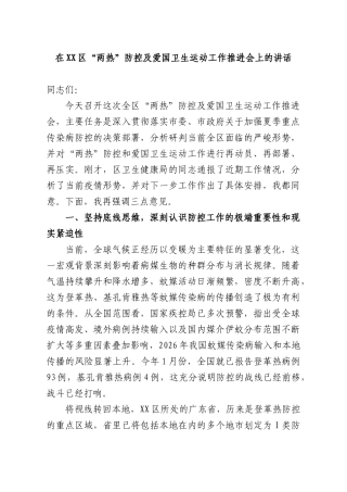 在“两热”防控及爱国卫生运动工作推进会上的讲话.docx
