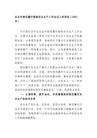 在全XX烟花爆竹领域安全生产工作会议上的讲话（2803字）.docx