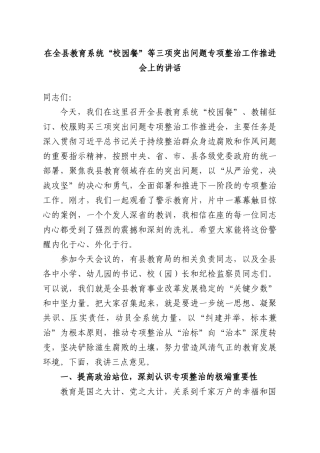 在全XX教育系统“校园餐”等三项突出问题专项整治工作推进会上的讲话.docx
