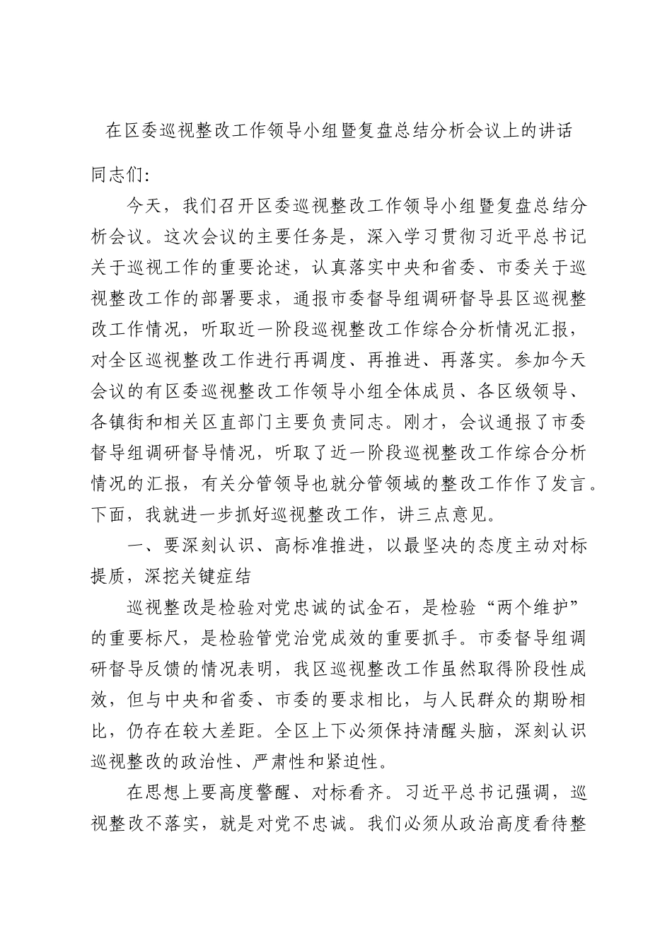 在巡视整改工作领导小组暨复盘总结分析会议上的讲话.docx_第1页